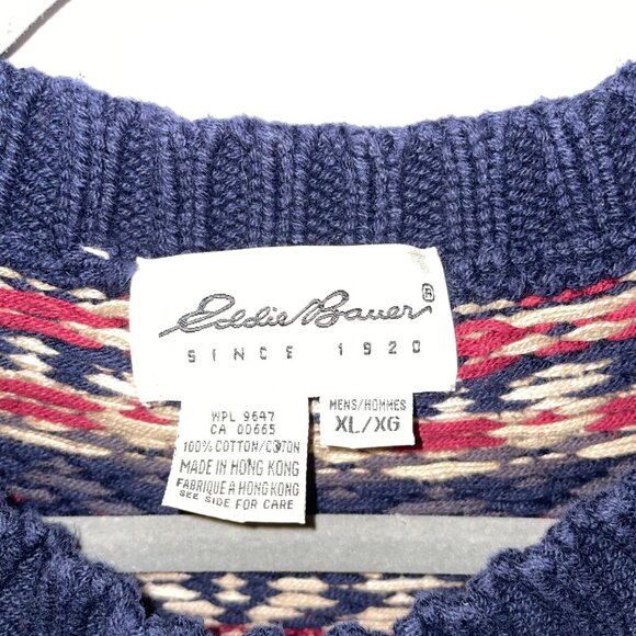 Vintage Eddie Bauer Mens XL Fair Isle Sweater Cotton Knit Red/Blue/Beige - Picture 3 of 6